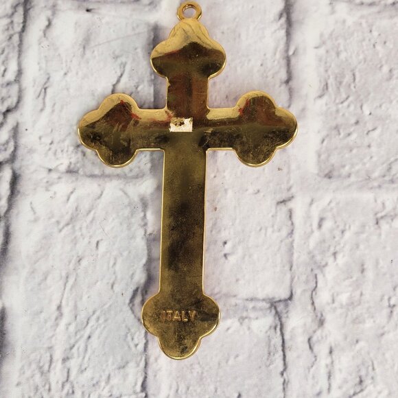 Gold Metal & Red Enamel Crucifix Jesus Wall Figure INRI Inscription 7x4.5" Italy - Picture 9 of 9